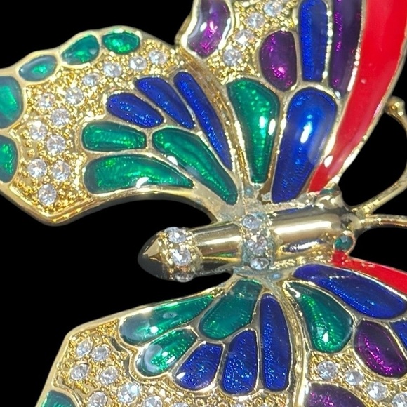Vibrant, butterfly, enamel, rhinestone, gold tone, brooch, pin blue red green - Picture 3 of 7